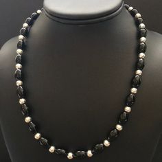 Sterling Silver Black Onyx W Navajo Pearls Bead Necklace. 18 Inch White And Black Beaded Necklace, Black And White Pearl Necklace, Black Beaded Necklace, Navajo Pearls, White Pearl Necklace, Black Bead Necklace, White Pearl, Black Beads, Bead Necklace