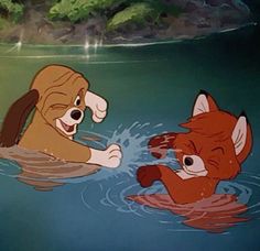 the fox and the hound are playing in the water