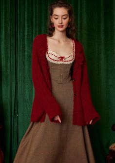 Materials: Shell：8%Wool 21%Nylon 71%Polyester Features: Resin buttons on placket Add a belt to the side waist Luanna Perez, Resin Buttons, Cottagecore Outfits, Wool Clothing, Neckline Designs, Corset Dress, Couture Fashion, Modest Fashion, Pretty Outfits