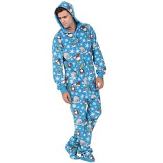 Winter wonders abound in these whimsical feel good footie pajamas for men and women! Polar bears ski and penguins snowboard past igloos and the North Pole sign during a blizzard as snowflakes fall with fury! Soft and durable polar fleece will bring comfort and last all season long! Features include front pockets and hoodie. High quality, durable and fun!