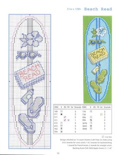 a cross stitch bookmark with the words beach read and an image of a surfboard