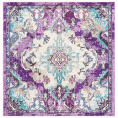 a purple and blue rug with an ornate design