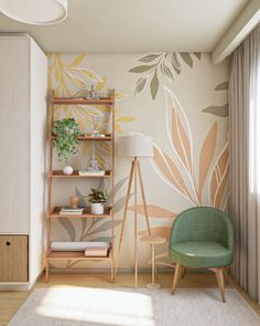 a living room with a green chair next to a book shelf and plant on the wall