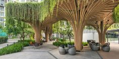 an outdoor seating area with trees and chairs