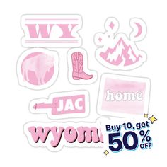 pink stickers with the words, home and other items