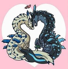 two black and white dragon facing each other in front of a heart shaped pink background