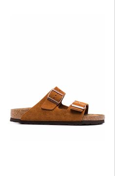 Mink brown suede/cork Arizona buckle-fastened sandals from BIRKENSTOCK featuring side buckle fastening, slip-on style, open toe, flat rubber sole and branded insole. Suede Footbed Sandals With Tang Buckle And Round Toe, Flat Suede Footbed Sandals With Cork-bed Midsoles, Brown Suede Footbed Sandals With Textured Footbed, Brown Suede Sandals With Textured Footbed, Brown Leather Footbed Sandals With Suede Lining, Brown Footbed Sandals With Tang Buckle, Brown Suede Sandals With Tang Buckle, Brown Suede Double Strap Footbed Sandals, Brown Cork Slides With Round Toe