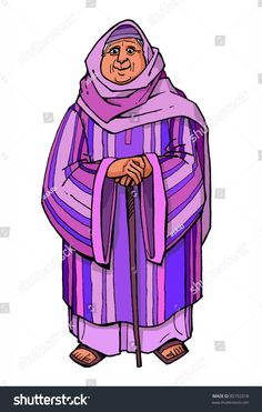 an old woman dressed in purple and striped clothes with a cane, standing on white background