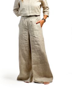 || THE STORY || Very stylish, comfortable and breathable, light and breezy wide leg pants with elastic waist. Simple and modern design is perfect in the office, at the beach and every occasion. || WHAT TO EXPECT AND GENERAL INFORMATION ||t ● Made from 100% European flax ● Elastic waist ● Loose, relaxed fit ● Stone washed for maximum softness ● OEKO-TEX certified product  ● Made from lightweight linen fabric that is very soft, durable and pleasant to the skin ● Machine washable (40 C/104 F) ● Tum Summer Ramie Bottoms, Linen Wide Leg Straight Pants For Loungewear, Relaxed Linen Wide Leg Summer Pants, Relaxed Linen Wide Leg Trousers, Wide Leg Linen Pants For Loungewear, Flax Wide Leg Pants For Loungewear, Elegant Linen Wide Leg Pants With Elastic Waistband, Linen Loungewear Pants Full Length, Elegant Wide Leg Linen Pants With Elastic Waistband