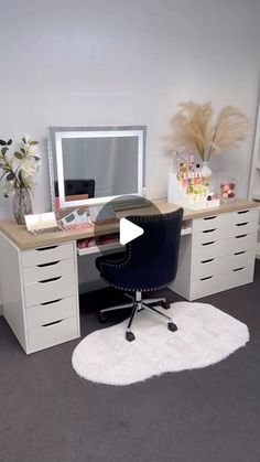 a desk with a chair, mirror and drawers in an office space that has carpet on the floor