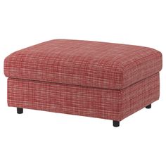 a red ottoman sitting on top of a white floor