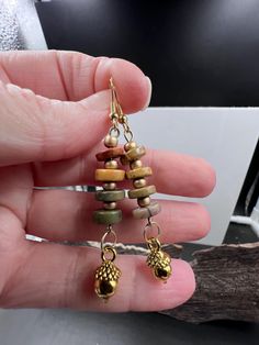 Creek Jasper beads  Brass acorns gold glass beads Bohemian Gold Earrings With Polished Beads, Gold Earrings With Czech Glass And Spacer Beads, Acorn Earrings, Jasper Beads, Gold Glass, Jewelry Earrings Dangle, Etsy Earrings, Glass Beads, Dangle Drop Earrings