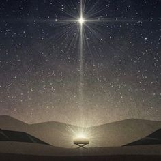 an image of the birth of jesus in the night sky with mountains and stars behind it