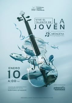 an advertisement for a concert with a violin in the water and fish swimming around it