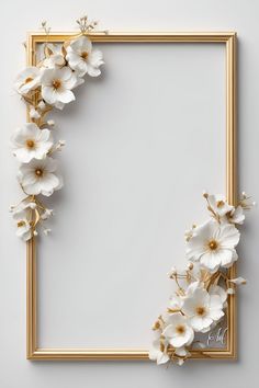 an empty gold frame decorated with white flowers