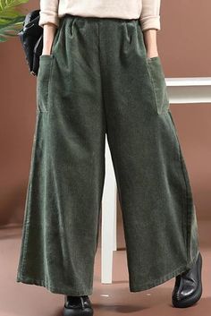 Women Loose Corduroy Wide Legs Pants Casual Corduroy Bottoms For Winter, Casual Corduroy Winter Bottoms, Non-stretch Corduroy Casual Bottoms, Casual Non-stretch Corduroy Bottoms, Green Corduroy Full-length Bottoms, Green Full-length Corduroy Bottoms, Full Length Green Corduroy Bottoms, Spring Corduroy Wide Leg Pants, Green Corduroy Bottoms For Fall