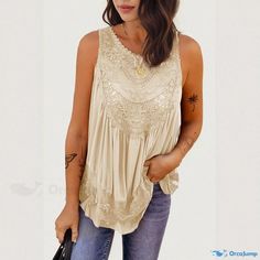 Orcajump - Sleeveless Lace Blouse: Loose Fit, Round Neck, Pullover Tank Top Casual Stretch Blouse With Vest, Non-stretch Sleeveless Top For Vacation, Chic Sleeveless Non-stretch Blouse, Chic Non-stretch Sleeveless Blouse, Non-stretch Sleeveless Blouse, Bohemian Beige Tank Top, Sleeveless Casual Tops, Casual Sleeveless Non-stretch Tops, Casual Beige Sleeveless Camisole