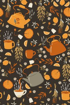 an orange and brown pattern with teapots, cups, and flowers