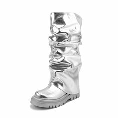 TAAFO Women Silver Fold Over Platform Boots Comfortable Thick Sole Flat Heel Ladies Pull-on Knee High Slouch Boots silver-37 Trendy Silver Boots For Winter, Trendy Silver Boots With Round Toe, Silver Shiny Boots With Round Toe, Casual Silver Winter Boots, Boots Square Toe, Suede Boots Knee High, Slouched Boots, Wedge Boots, Platform Boots