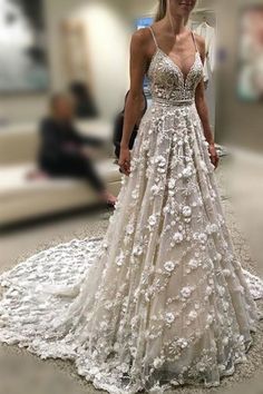 Stunning Deep V Neck Spaghetti Straps Lace Backless Court Train Wedding Dress - Wedding Dresses Wedding Dress With Beading, Court Train Wedding Dress, Wedding Dress Train, Backless Wedding, Ivory Wedding Dress, Backless Wedding Dress, Wedding Dresses Plus Size, Professional Dresses