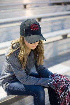 "Root, root, root for the home team in this monogrammed baseball hat while your support your favorite players from the sidelines. Complete your game day outfit by choosing a hat and thread colors to match your favorite team shirt! Personalize the baseball cap with a monogram for the sports mom who runs from game-to-game and team-to-team for multiple children. Initials of the team (OHS - Go Rams!) can also be embroidered on the cap for the ultimate sports fan looking to up their hat game. Casual Monogram Baseball Hat, Mom Hat, Monogram Hats, Distressed Baseball Cap, Mom Hats, Gifts For Sports Fans, Hat For Women, Gameday Outfit, Sports Mom