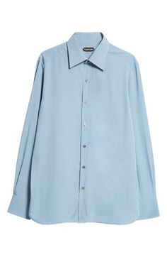 Tom Ford introduces another timeless capsule-wardrobe essential with this silk-kissed button-up elevated with lustrous mother-of-pearl buttons. Front button closure Spread collar Long sleeves with button cuffs 74% lyocell, 26% silk Dry clean Made in Italy Designer Clothing Blue Button-up Dress Shirt With Concealed Placket, Classic Silk Shirt With Fold Down Collar, Luxury Button-up Shirt With Hidden Buttons, Luxury Button-up Shirt With Hidden Closure, Luxury Button-up Shirt With Hidden Button Closure, Luxury Shirt With Hidden Button Closure, Elegant Blue Shirt With Concealed Placket, Elegant Blue Top With Concealed Placket, Classic Silk Shirt With Placket