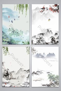 four chinese paintings with mountains and birds