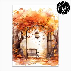 a watercolor painting of a park bench in the fall