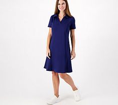 Active lifestyles don't have to mean you're in yogas and tees 24/7. A sporty pick -- like this Z-Knit polo dress -- is an ideal option that allows you to tackle that to-do list in sleek ta-da style (and it looks great with your tennies, too!). From zuda. Spring A-line Stretch Tennis Dress, Spring Stretch Tennis Dress, Short Length, Fitted Cotton Polo Dress, Casual Style, Sporty V-neck Sports Dress, Knit Polo Dress, Sleevless Dress, Cowl Neck Sweater Dress, Dark Blue Dress, Athletic Dress