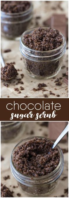 chocolate sugar scrub in a glass jar with spoon