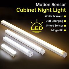 three different types of leds are shown in this advertisement for the motion sensor cabinet night light