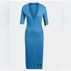 Blue Adidas Dress, Low Cut, With Side Zip. Trendy. Brand New Sporty Short Sleeve Fitted Dress, Sporty Short Sleeve Stretch Dress, Sporty Stretch Short Sleeve Dresses, Sporty Stretch Spring Dress, Sporty Stretch Dress With Short Sleeves, Sporty Spring Dresses For Sports, Summer Stretch Adidas Dresses, Sporty V-neck Sports Dress, Spring V-neck Athleisure Dresses