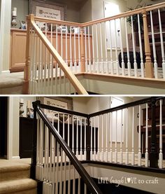 there are two pictures of the inside of a house with stairs and railings on each side