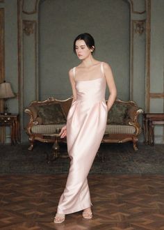 Welcome to a world where sophistication meets romance, and you are the epitome of regal grace.This dainty and romantic gown is designed to captivate hearts and elevate your presence, making it an ideal choice for a wedding or special event. Indulge in timeless allure in our Tulip Dress. Rounded scooped neckline Flat 3/4 quarter straps Fit and flare silhouette Angled pleats along waistline Hidden side pockets Rounded tulip shaped skirt Invisible zipper at center back Back princess seams Shiny twi Romantic Gown, Tulip Dress, Scooped Neckline, Top Skirt Set, Dress Dusty, Princess Seams, Princess Seam, Invisible Zipper, Dream Wardrobe