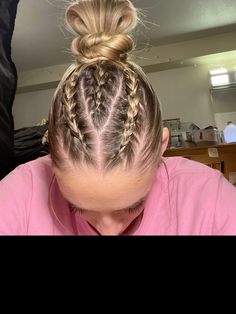 Hair Braids Sports, Braids For Athletes, Girl Wrestling Hairstyles, Gymnastics Hair Ideas, Basketball Braids Hairstyles, Meet Hair Gymnastics, 5 Braids Hairstyles, Wrestling Hairstyles For Women, Braided Hairstyles Into Ponytail