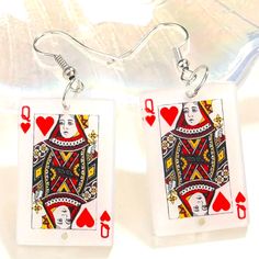 Queen Earrings, Poker Earrings, Casino Earrings, Card Earrings Playing Card Earrings Diy, Queen Of Hearts Earrings, White Dangle Heart Earrings With Ear Wire, White Drop Plug Earrings Gift, White Pierced Earrings For Valentine's Day, White Heart Drop Earrings For Pierced Ears, White Drop Earrings As Gift, White Valentine's Day Earrings, White Heart Earrings With Ear Wire As A Gift