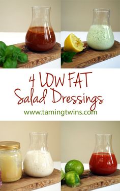 four different types of salad dressings on a cutting board