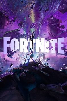 the title for fortnite is shown in front of an image of purple and blue