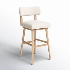 a wooden stool with a white upholstered seat and backrest, viewed from the front