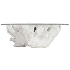 a white table with a glass top and some rocks on the bottom that look like corals