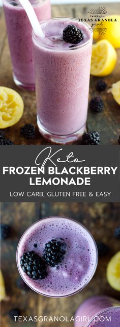 two glasses filled with frozen blackberry lemonade next to sliced lemons and blackberries