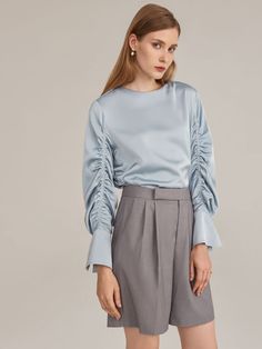 Ruched Sleeve Keyhole Back Satin Top | SHEIN USA Satin Top Blouses, Mock Neck Tank Top, Pu Leather Skirt, Modest Tops, Ruched Sleeve, Top Shein, Bespoke Fashion, Casual Outfit Ideas, Satin Top