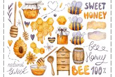 watercolor honey and bees clipart set