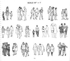 a drawing of people standing in different directions and sizes, all looking at each other