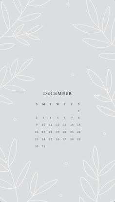 the december calendar is shown with leaves on grey and white background, as well as dots