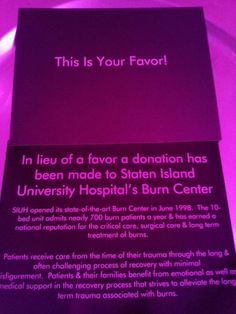 a purple box with the words charity donation made in your guest's name