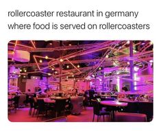 an image of a restaurant with purple lights on the ceiling and people sitting at tables