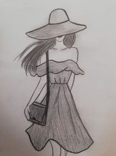 a drawing of a woman in a dress and hat with a purse on her shoulder