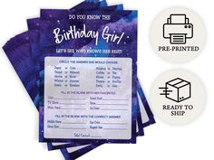 birthday girl party game cards with space theme