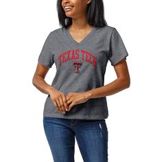 The Women's League Collegiate Wear Heather Gray Texas Tech Red Raiders Intramural Boyfriend V-Neck T-Shirt is the perfect way to show your support for the Texas Tech Red Raiders. This oversized boyfriend fit t-shirt features screen print graphics of the Texas Tech Red Raiders logo, making it a stylish and comfortable way to cheer on your team. The slightly tailored design ensures a flattering fit, while the polyester, cotton, and rayon blend provides a soft and breathable feel. Whether you're cheering from the stands or just showing your support, this t-shirt is a must-have for any Texas Tech Red Raiders fan. Washington University, Indiana Hoosiers, Good Spirits, Auburn Tigers, Tailored Design, Charles Dickens, Sleeve Women, Georgia Bulldogs, Penn State